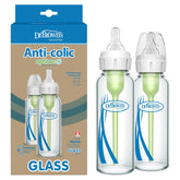 Dr. Brown's anti-colic narrow glass bottle closeup shows vent system to reduce spit-up