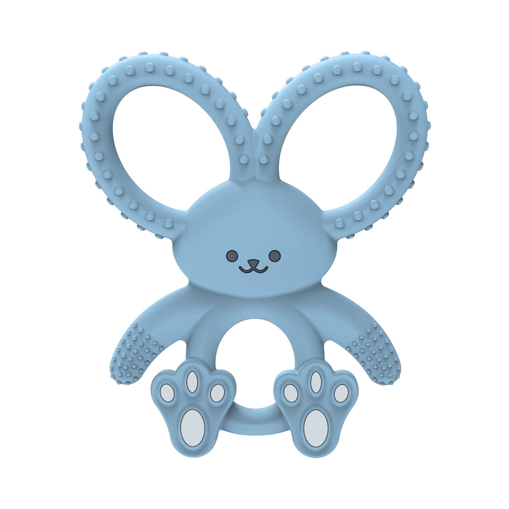 Dr. Brown's Flexees Bunny Teether in blue provides soothing silicone chew for tiny gums.