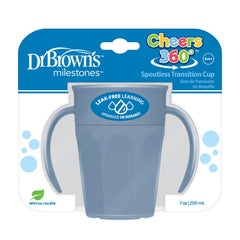 Dr. Brown's Milestones Cheers 360 front view blue 7 oz cup, easy to grip for toddlers.