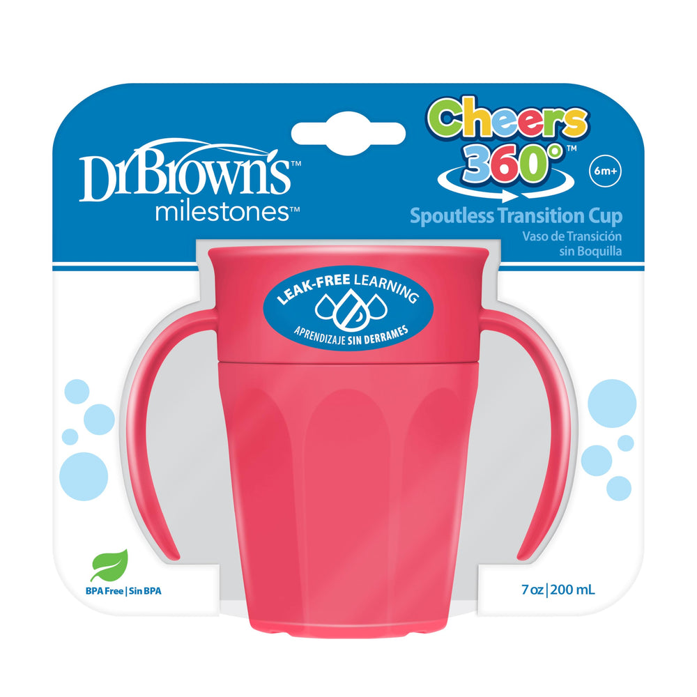 Dr Brown's Milestones Cheers 360 spoutless pink cup 7 oz for leak-free learning