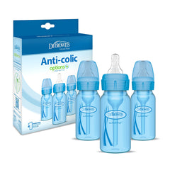 Dr. Brown's narrow 4oz bottle with blue cap, ideal for travel and storage.