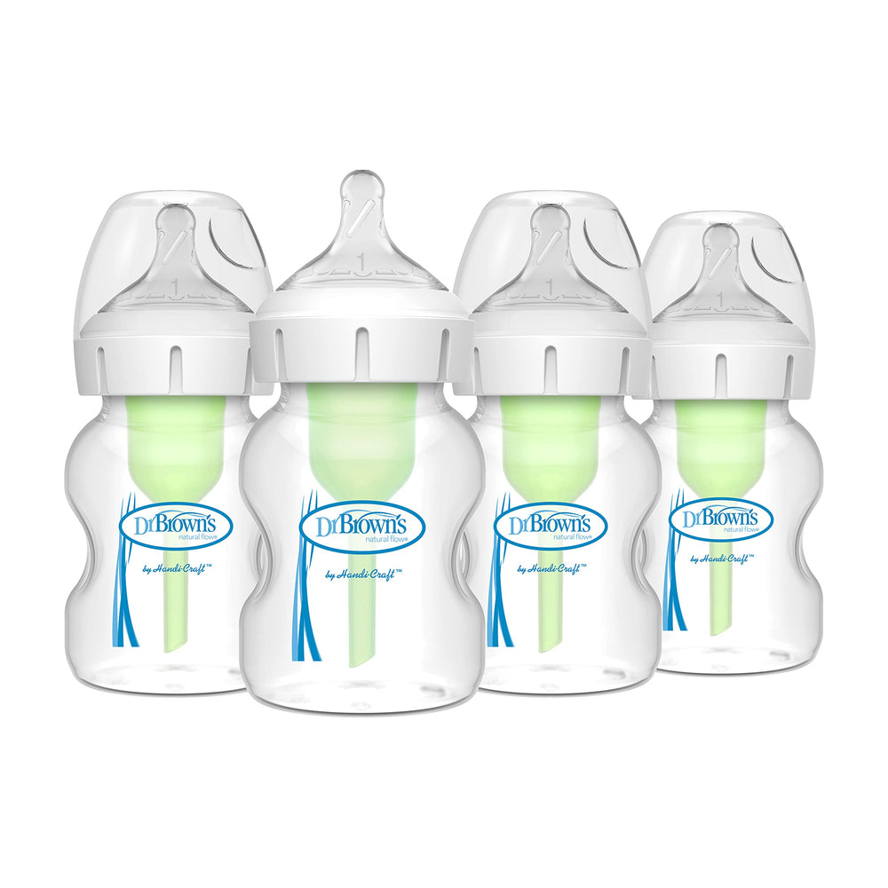 Dr. Brown’s Natural Flow anti-colic Options+ wide-neck bottle with Stage 1 slow-flow nipple in a 4-pack.
