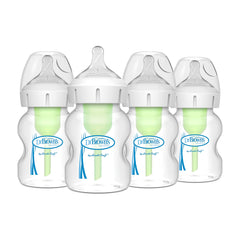 Dr. Brown’s Natural Flow anti-colic Options+ wide-neck bottle with Stage 1 slow-flow nipple in a 4-pack.