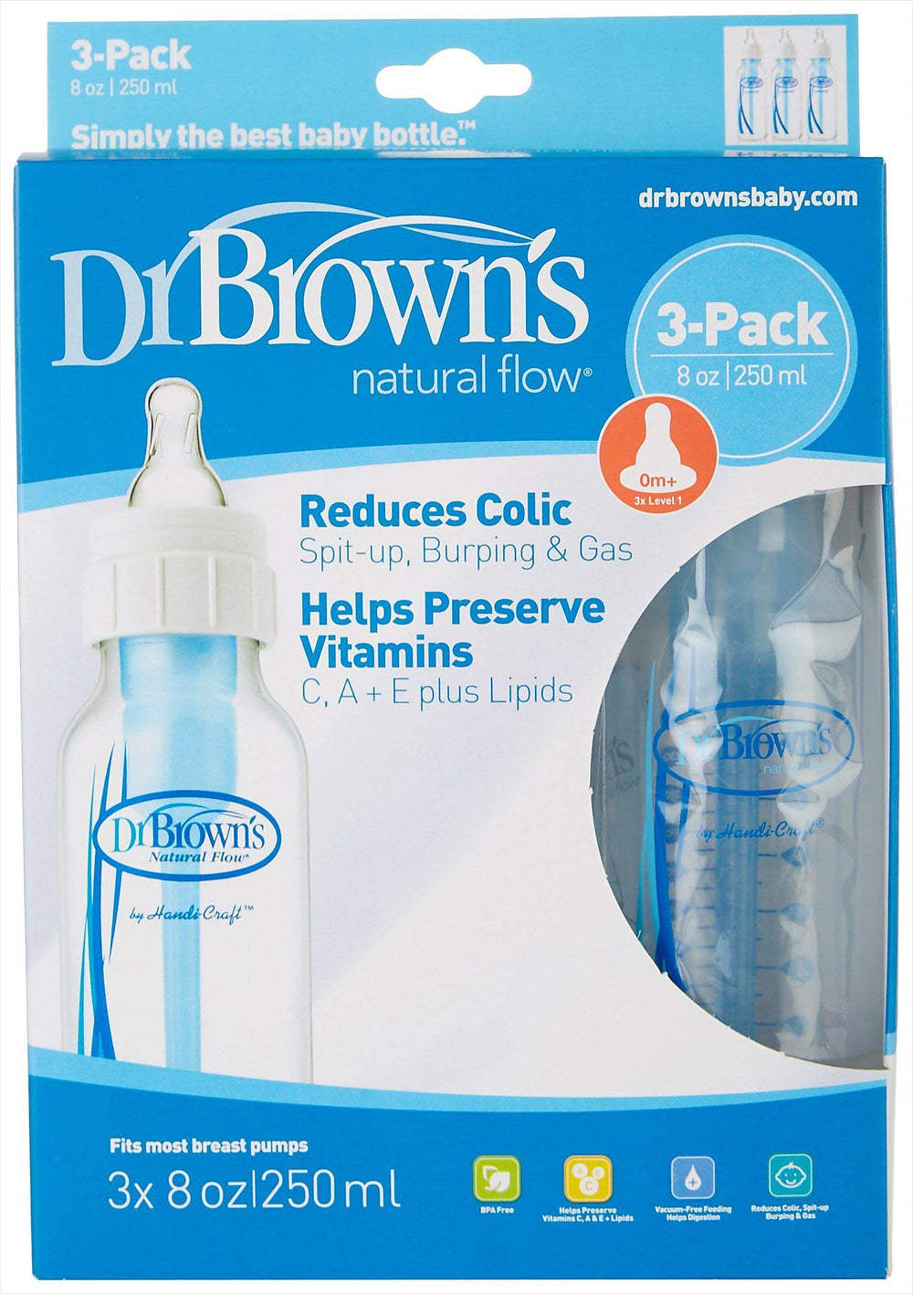 Dr. Brown's Natural Flow 8 oz bottle with vent system for smoother feeding
