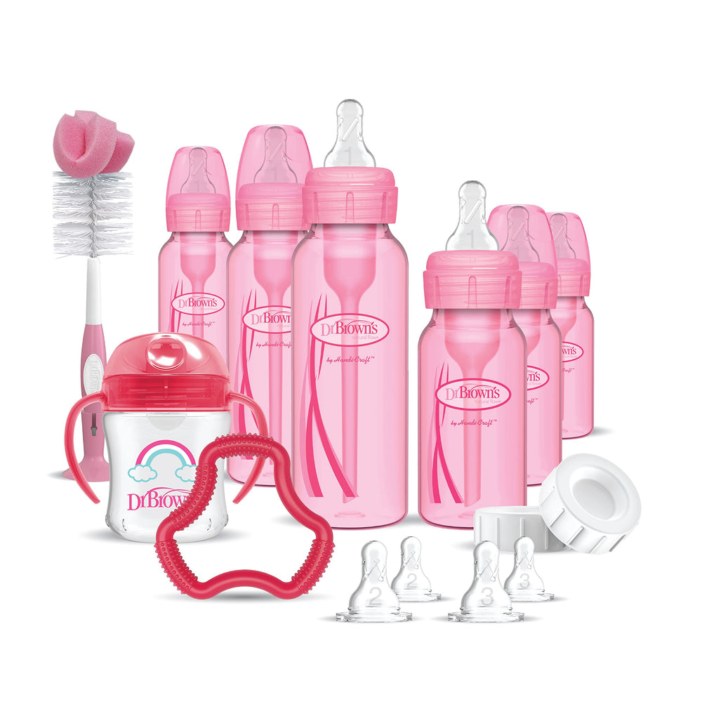 Dr. Brown's Natural Flow pink bottle set shown with multiple pieces for easier feeding