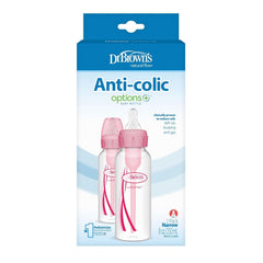 Dr. Brown's pink 8 oz bottles two-pack showcasing calm feeding design.