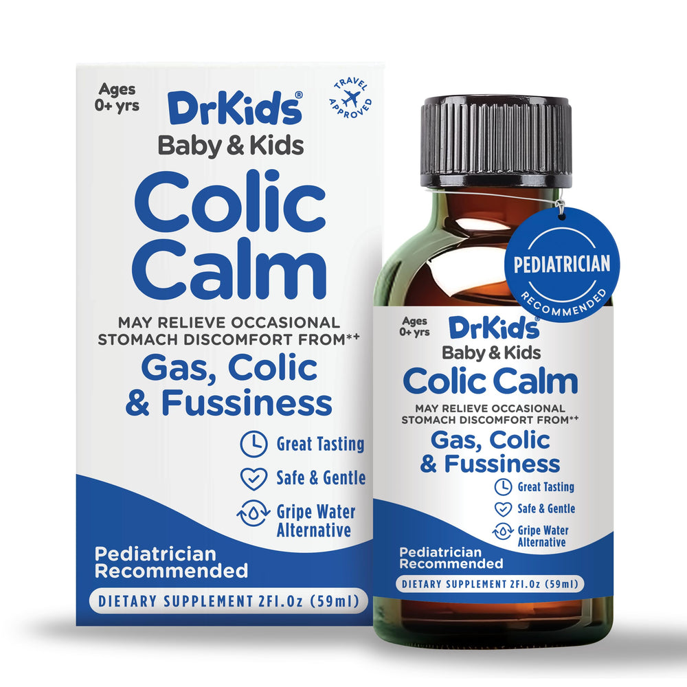Dr. Kids Colic Calm bottle dispense for precise dosing and quick fussiness relief.
