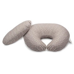 Dr. Mama's Organics nursing pillow with lumbar support in gray stars enhances feeding comfort.