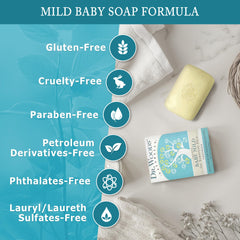 Dr. Woods Baby Mild Bar Soap provides a soft, moisturizing wash for delicate skin.
