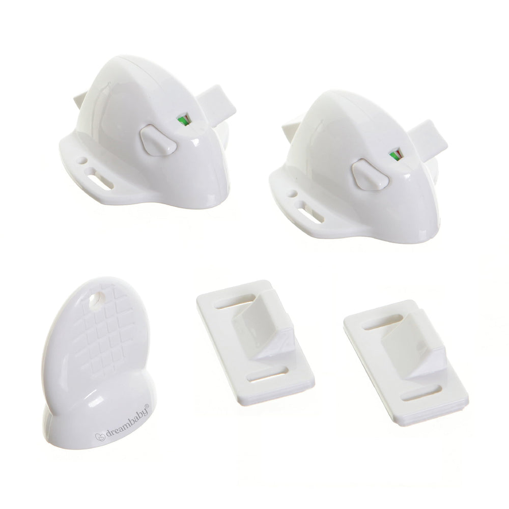 Dreambaby Adhesive Mag Locks on cabinet front for discreet child safety
