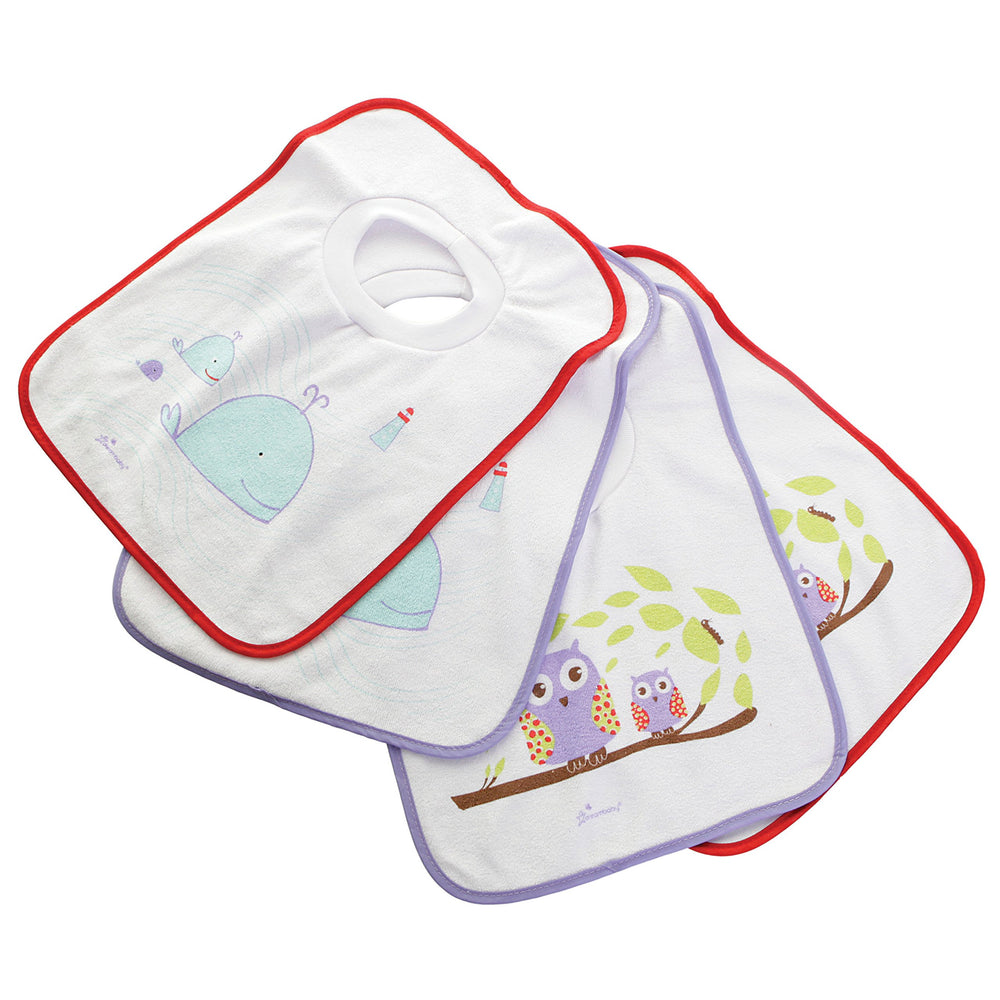 Dreambaby Terry Cloth Pullover Bib with owl design absorbs drool for mess-free days.