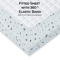 Dreamology Planets crib sheet features secure, elastic edges for easy fitting