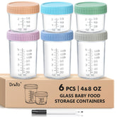 DRKIO 6-pack glass baby food containers in 4oz and 8oz sizes with secure lids