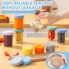 Stackable DRKIO containers saving cabinet space during meal prep.