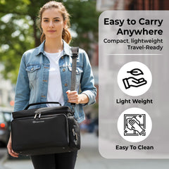 Dropereum bag front pocket with elastic strap holds bottle accessories.