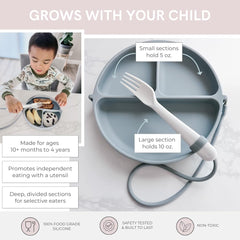 DropLess Plate with three divided compartments separates foods during meals.