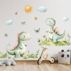 DRWSSR dinosaur sun and clouds wall decal adds cheerful playroom decor.