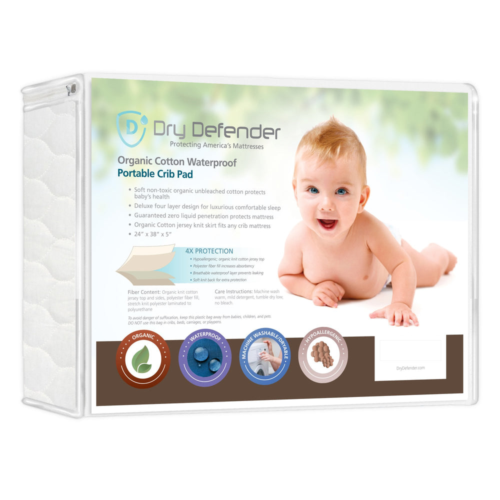 Dry Defender organic crib pad cover close-up of organic fabric and quilted texture for gentle sleep