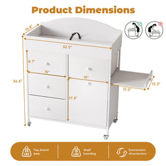 DTK pull-out side shelf for basin keeps diapering essentials handy.