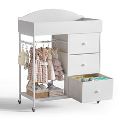 DTK changing table dresser in white with clothing rack for tidy nursery storage