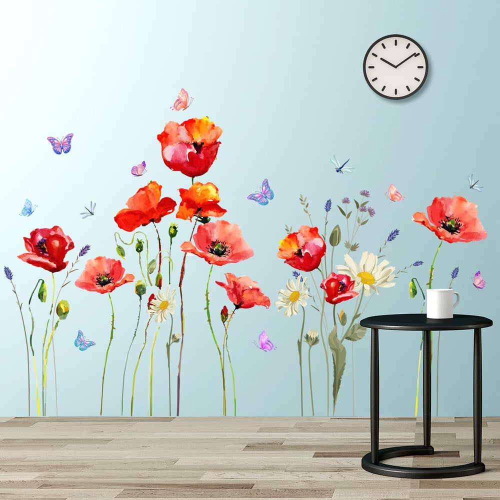 DTLIFEK red poppy wall decal with daisies and butterflies brightens kids' rooms.
