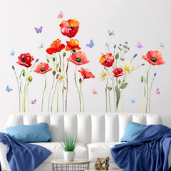 DTLIFEK red-poppy-wall-decal-daisy-butterflies-03 creates a lively bedroom display.