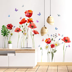 DTLIFEK red-poppy-wall-decal-flower-leaf-01 features vibrant petals and green leaves for fresh decor.