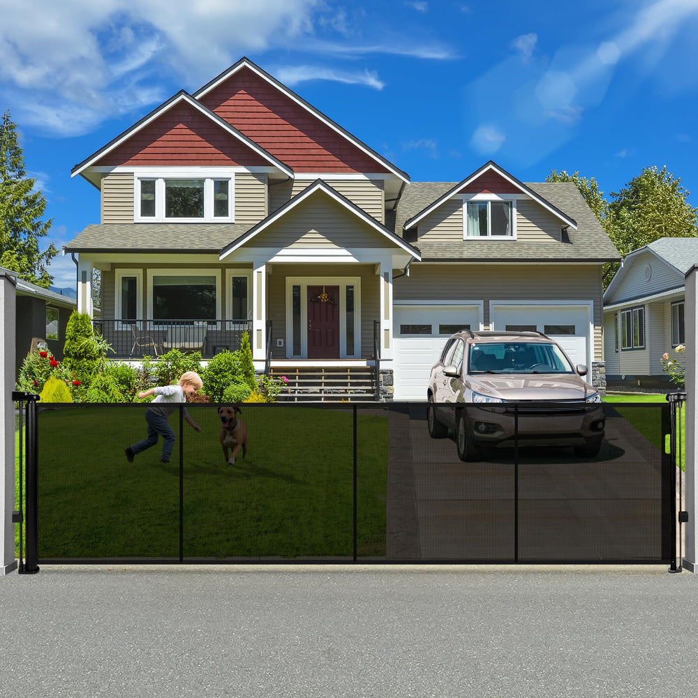 Dueelala 120-inch retractable gate extended to cover a wide opening for safety.