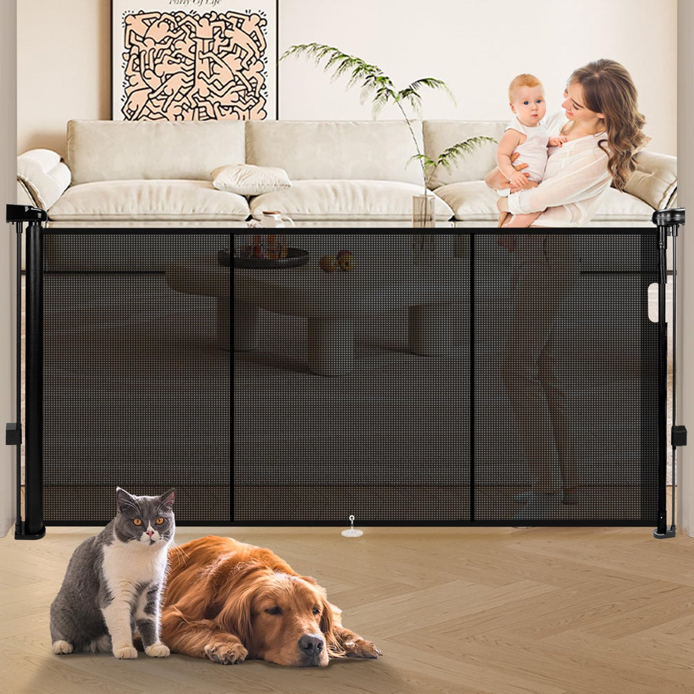 Dueelala 81-inch retractable gate on stairs shows wide reach for stair safety and space management.