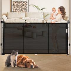 Dueelala 81-inch retractable gate on stairs shows wide reach for stair safety and space management.