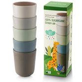 Dulce Worlds Sugarcane Kids Cup 10oz gray-blue held by a child for an ergonomic grip.