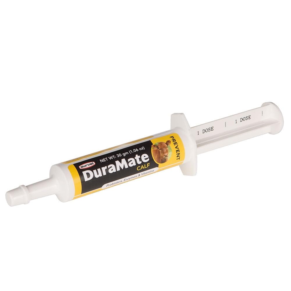 Durvet DuraMate Calf Paste tube with label showing probiotics for newborn calves.
