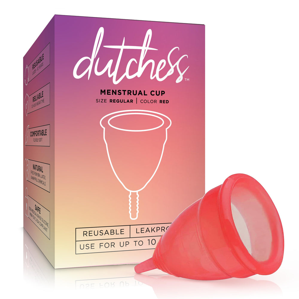 Dutchess red large menstrual cup in hand for on-the-go comfort.
