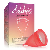 Dutchess red large menstrual cup in hand for on-the-go comfort.