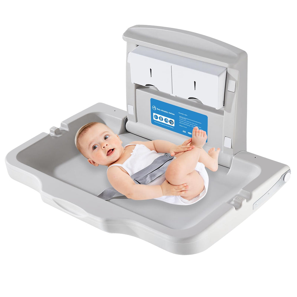 DutyWorks baby changing station wall-mounted with durable HDPE surface for easy cleaning.