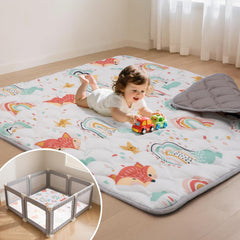 Duwenem Rainbow Fox play mat 71x59 inches, unfurled for spacious crawling.