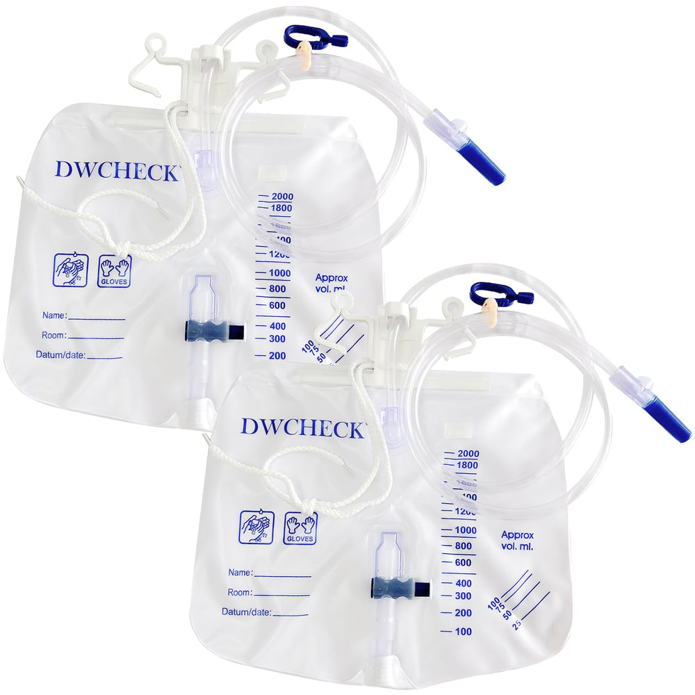 DWCHECK 2-pack urinary drainage bags with anti-reflux chamber for secure disposal.