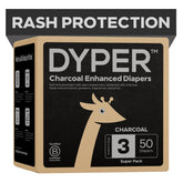 DYPER Charcoal Enhanced Diapers pack showing odor-filtering design for sensitive skin.