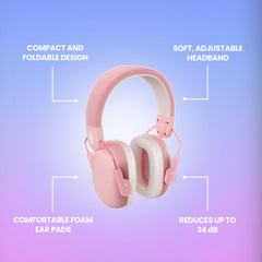 Eargasm Kids Earmuffs Pink 19 dB NRR reduces noise at concerts and games