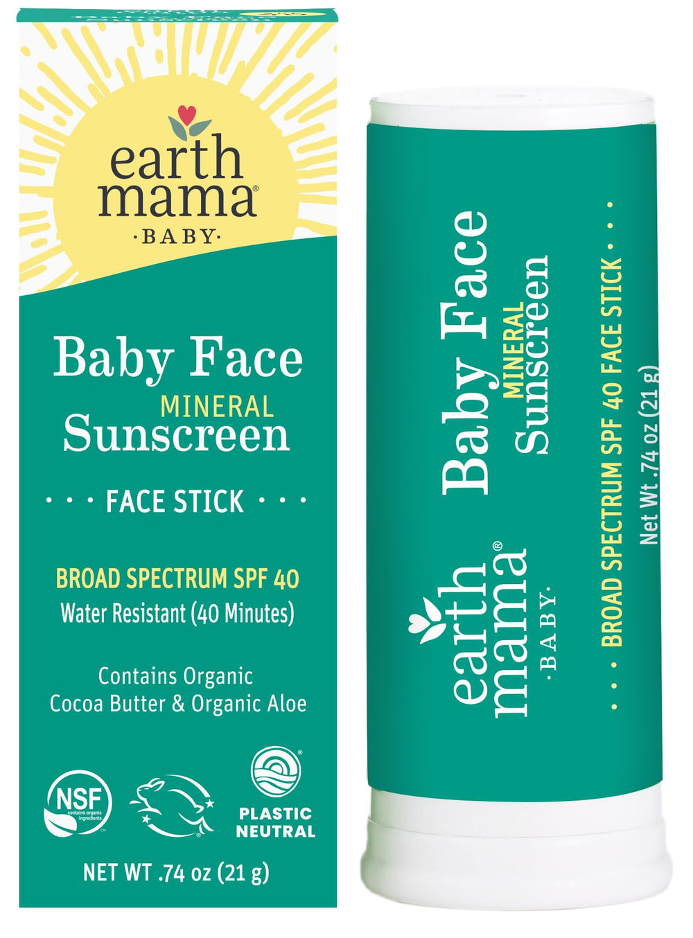 Earth Mama Baby Face Mineral Sunscreen Stick SPF 40 packaging showcases family-friendly sun care.