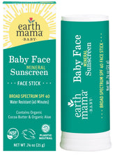 Earth Mama Baby Face Mineral Sunscreen Stick SPF 40 packaging showcases family-friendly sun care.