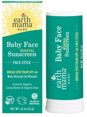 Earth Mama Baby Face Mineral Sunscreen Stick SPF 40 packaging showcases family-friendly sun care.