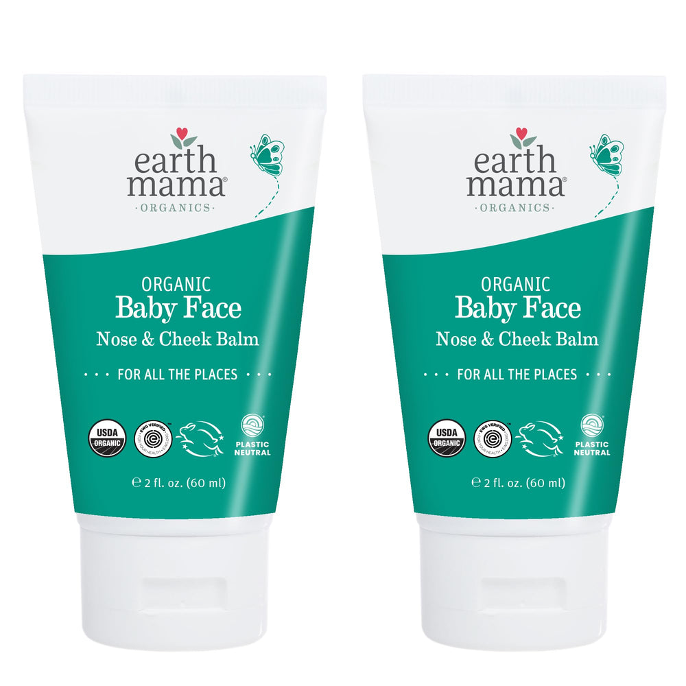 Earth Mama Baby Face Nose and Cheek Balm in jar for dry skin nourishment.