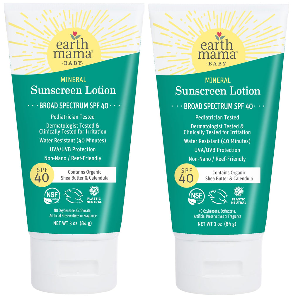 Earth Mama Baby Mineral Sunscreen Lotion bottle with SPF 40 broad-spectrum protection for sensitive skin.