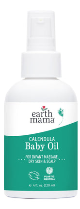 Earth Mama Calendula Baby Oil bottle ready for infant massage and soothing skin.