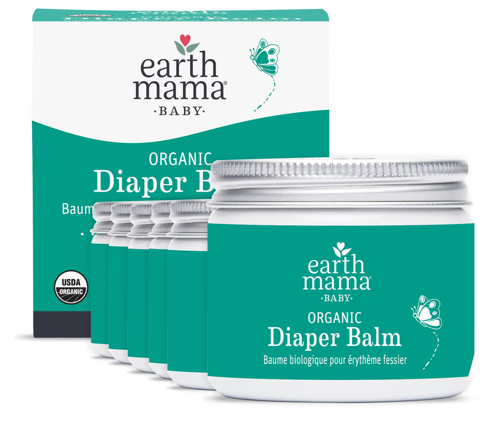 Earth Mama diaper balm tin front view showing zinc-free formula for sensitive baby skin.