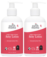 Earth Mama Simply Non-Scents baby lotion bottle highlights fragrance-free care for sensitive skin.