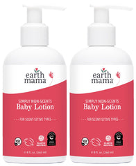 Earth Mama Simply Non-Scents baby lotion bottle highlights fragrance-free care for sensitive skin.