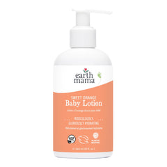 Earth Mama Sweet Orange Baby Lotion bottle front view shows gentle hydration for babies.