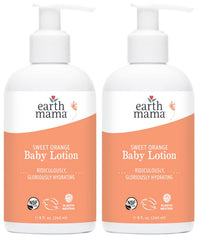 Earth Mama Sweet Orange Baby Lotion bottle front for gentle daily hydration